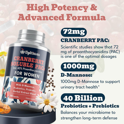 Elystrixionis 72mg PAC Cranberry Kapseln für Frauen - Organischer Cranberrysaft Extrakt plus 1000mg D-Mannose, Unterstützt die Gesundheit der Harnwege, Cranberry Nahrungsergänzungsmittel - 90 Kapseln