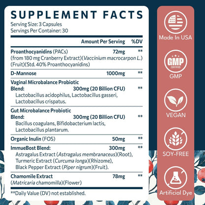 Elystrixionis 72mg PAC Cranberry Kapseln für Frauen - Organischer Cranberrysaft Extrakt plus 1000mg D-Mannose, Unterstützt die Gesundheit der Harnwege, Cranberry Nahrungsergänzungsmittel - 90 Kapseln