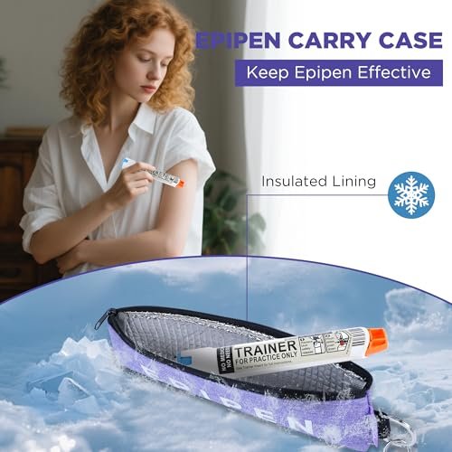 Tragbare EpiPen-Aufbewahrungstasche, isolierte Notfall-Medizintasche, für 1 EpiPen, Asthma-Inhalator, Auvi-Q, Allergiemedikamente, Reise-EpiPen-Halter für Erwachsene und Kinder (Lila)