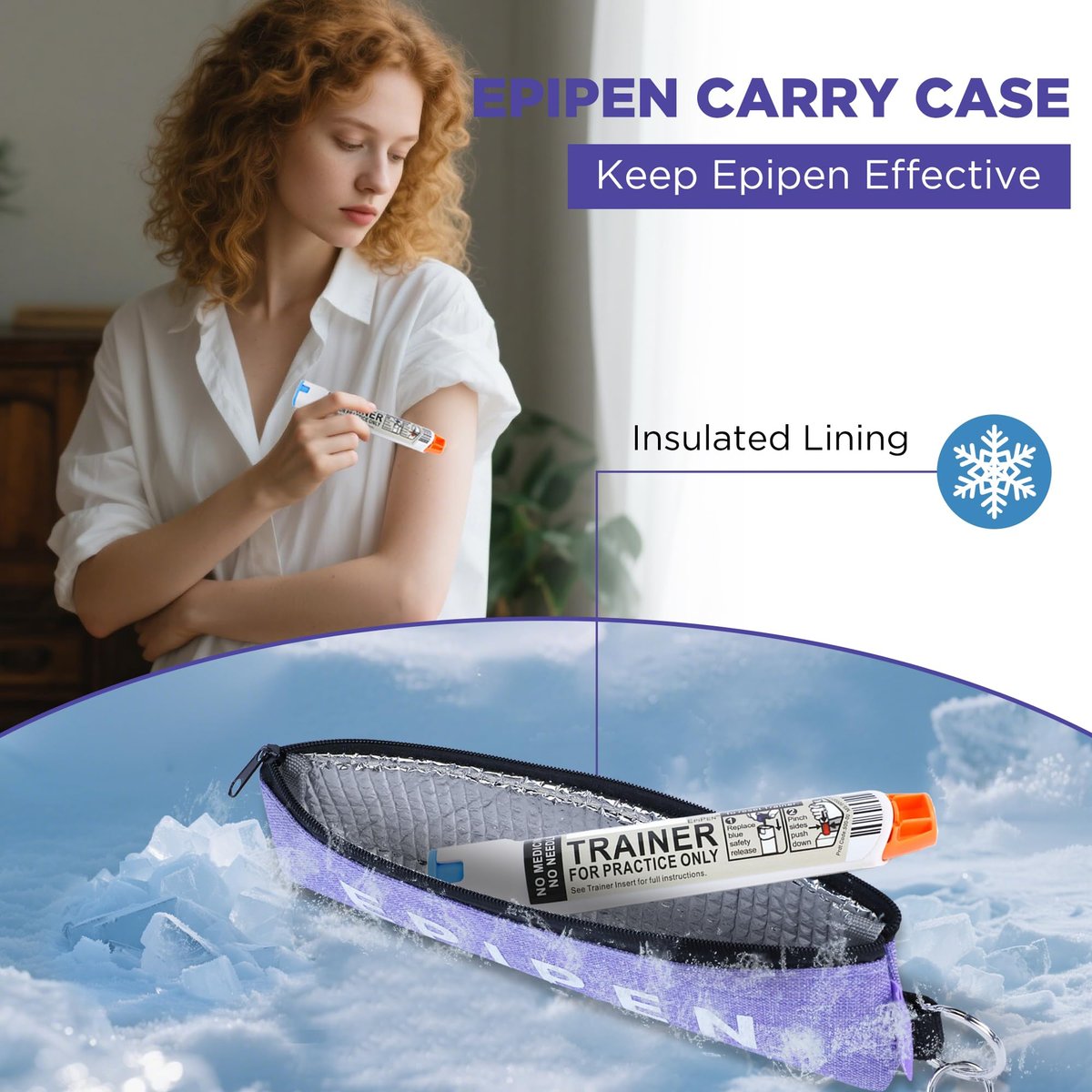 Tragbare EpiPen-Aufbewahrungstasche, isolierte Notfall-Medizintasche, für 1 EpiPen, Asthma-Inhalator, Auvi-Q, Allergiemedikamente, Reise-EpiPen-Halter für Erwachsene und Kinder (Lila)