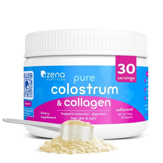 Zena Nutrition Reines Rinderkolostrum & Kollagenpulver – Für Darmgesundheit, Immunsystem, Verdauung, Haare, Haut & Nägel – Ungesüßt, Gluten- & Zuckerfrei, 30 Portionen
