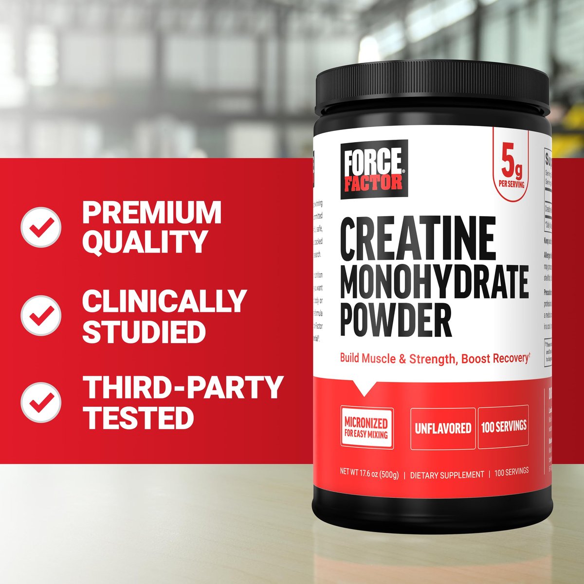Force Factor Creatin-Monohydrat mikronisiertes Pulver 500g, 5g Dosis zur Unterstützung von Muskelwachstum, Kraft, Erholung, kognitiver Gesundheit & Gedächtnis, ungesüßt, 100 Portionen, 17,6 Unzen
