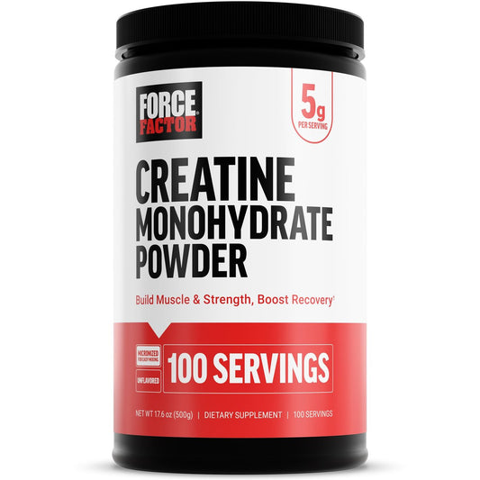 Force Factor Creatin-Monohydrat mikronisiertes Pulver 500g, 5g Dosis zur Unterstützung von Muskelwachstum, Kraft, Erholung, kognitiver Gesundheit & Gedächtnis, ungesüßt, 100 Portionen, 17,6 Unzen