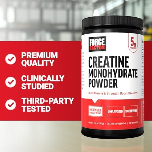 Force Factor Creatin-Monohydrat mikronisiertes Pulver 500g, 5g Dosis zur Unterstützung von Muskelwachstum, Kraft, Erholung, kognitiver Gesundheit & Gedächtnis, ungesüßt, 100 Portionen, 17,6 Unzen