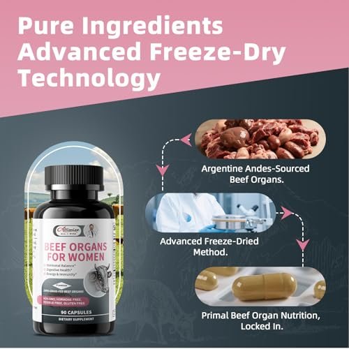 Alliwise Rindfleisch-Organpräparat für Frauen – Unterstützt weiblichen Hormonhaushalt, Energie und allgemeines Wohlbefinden, 100% grasgefütterte Rinderorgane: Leber, Gebärmutter*, Herz und 3 weitere, (2 Kapseln täglich)