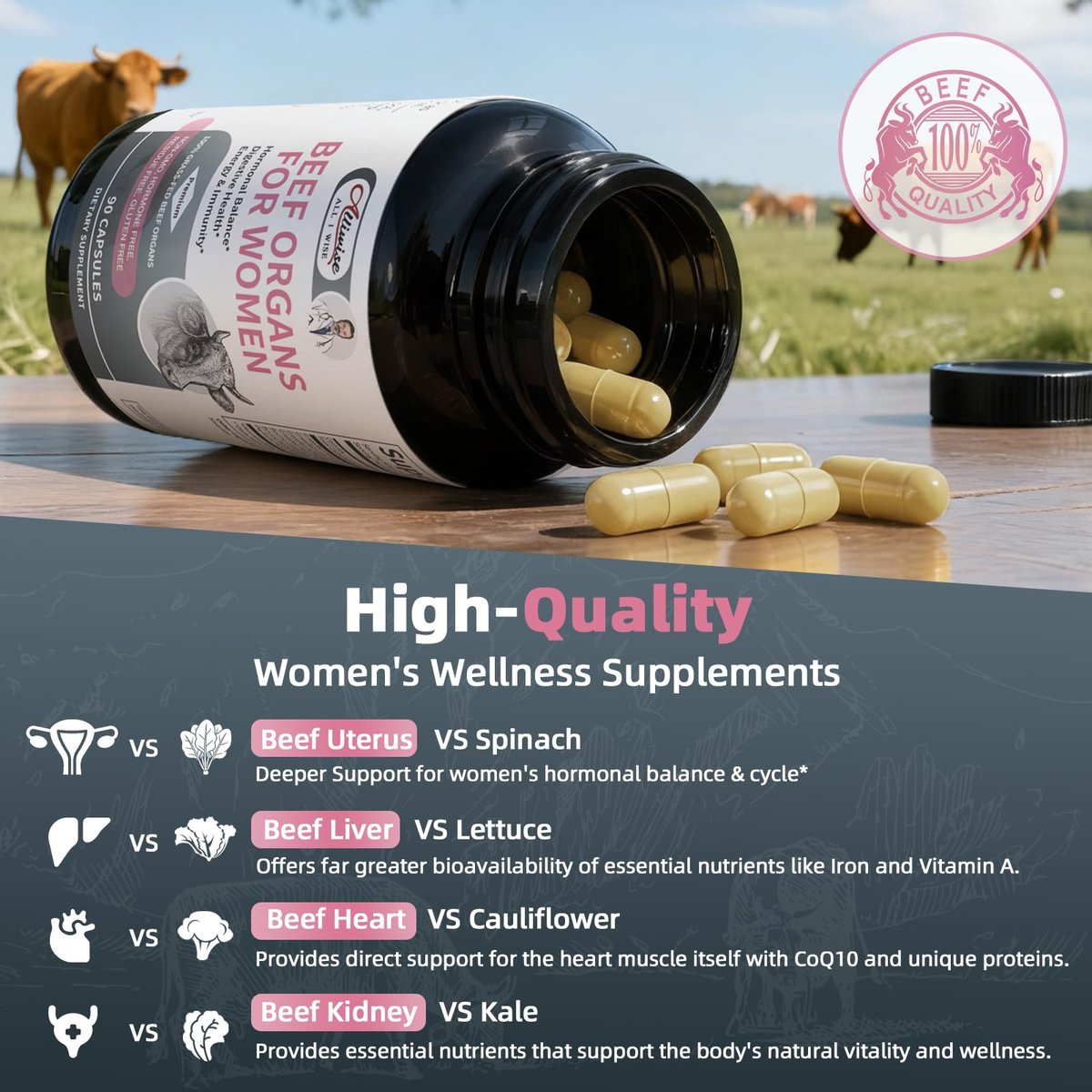 Alliwise Rindfleisch-Organpräparat für Frauen – Unterstützt weiblichen Hormonhaushalt, Energie und allgemeines Wohlbefinden, 100% grasgefütterte Rinderorgane: Leber, Gebärmutter*, Herz und 3 weitere, (2 Kapseln täglich)