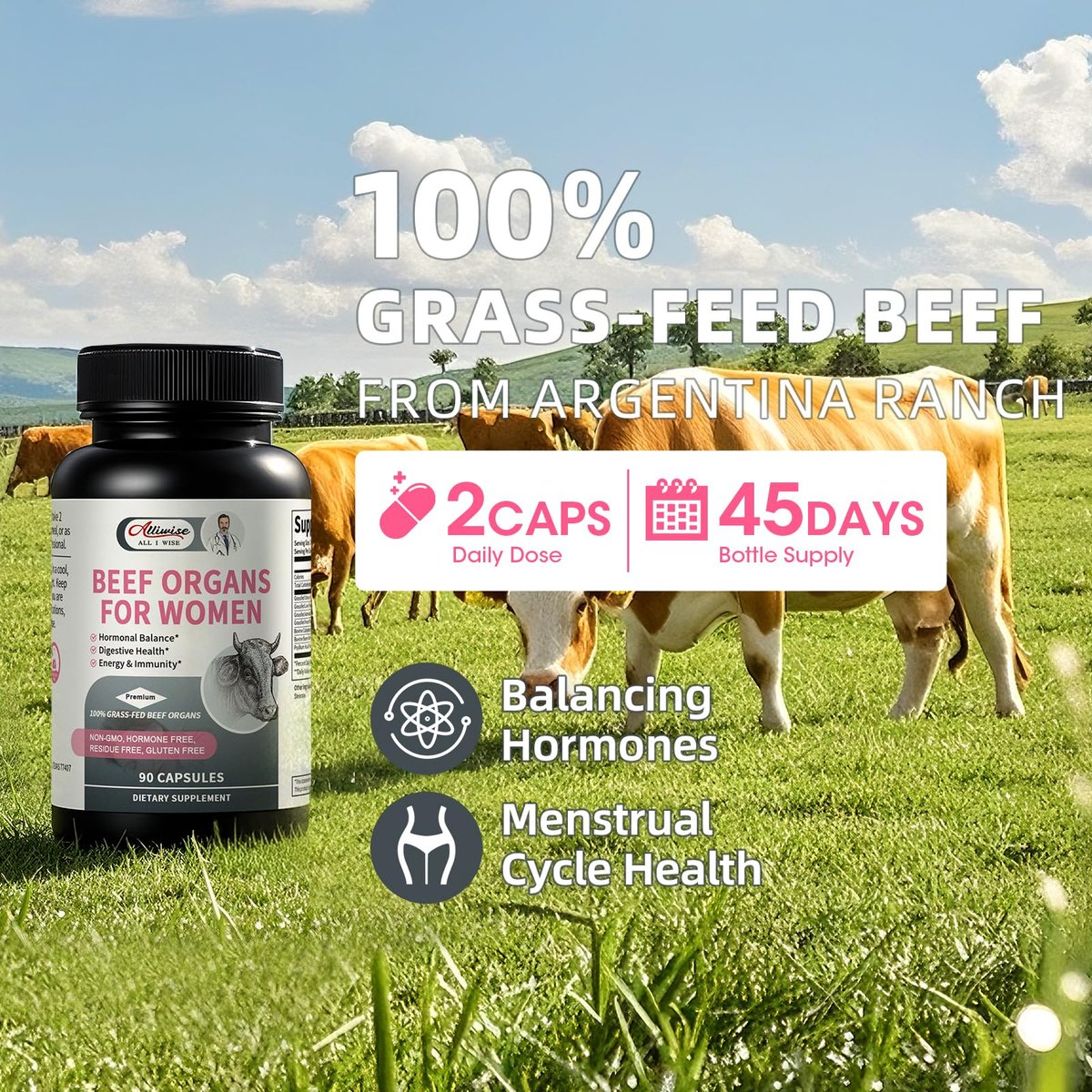 Alliwise Rindfleisch-Organpräparat für Frauen – Unterstützt weiblichen Hormonhaushalt, Energie und allgemeines Wohlbefinden, 100% grasgefütterte Rinderorgane: Leber, Gebärmutter*, Herz und 3 weitere, (2 Kapseln täglich)