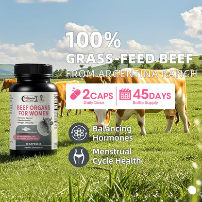 Alliwise Rindfleisch-Organpräparat für Frauen – Unterstützt weiblichen Hormonhaushalt, Energie und allgemeines Wohlbefinden, 100% grasgefütterte Rinderorgane: Leber, Gebärmutter*, Herz und 3 weitere, (2 Kapseln täglich)