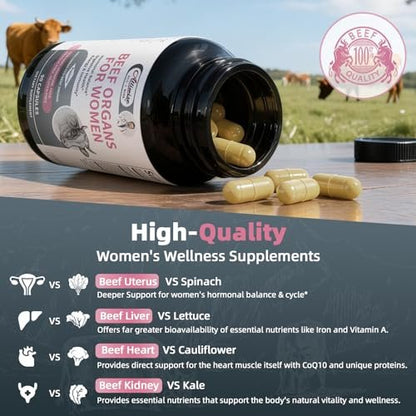 Alliwise Rindfleisch-Organpräparat für Frauen – Unterstützt weiblichen Hormonhaushalt, Energie und allgemeines Wohlbefinden, 100% grasgefütterte Rinderorgane: Leber, Gebärmutter*, Herz und 3 weitere, (2 Kapseln täglich)