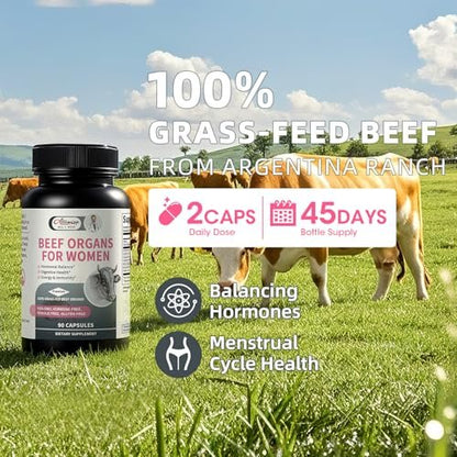 Alliwise Rindfleisch-Organpräparat für Frauen – Unterstützt weiblichen Hormonhaushalt, Energie und allgemeines Wohlbefinden, 100% grasgefütterte Rinderorgane: Leber, Gebärmutter*, Herz und 3 weitere, (2 Kapseln täglich)