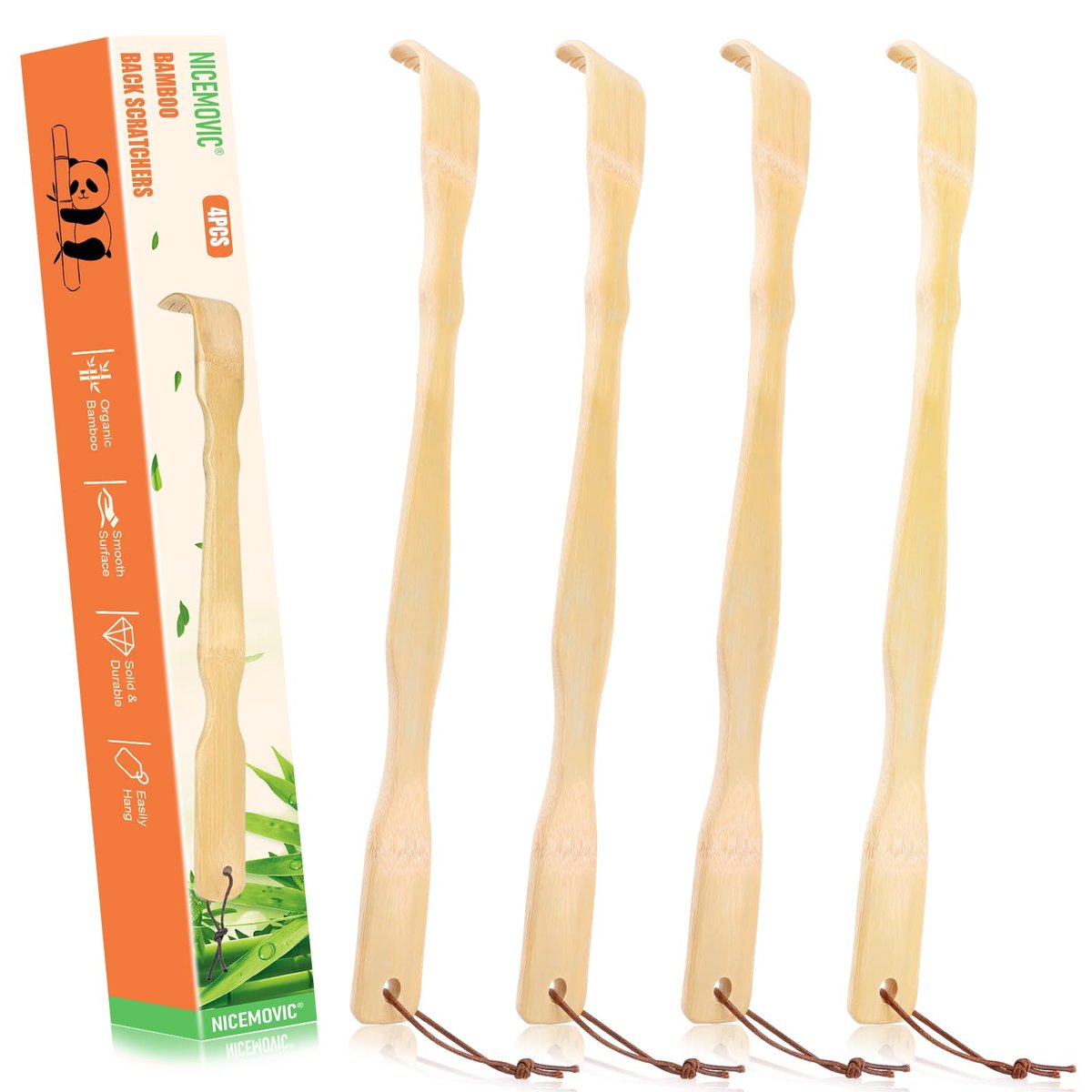 NICEMOVIC 4er-Pack Bambus-Rückenkratzer für Männer, Frauen, Erwachsene, Senioren – 16,5 Zoll langer Holz-Rückenkratzer, ideales Vatertagsgeschenk, Weihnachtsgeschenk
