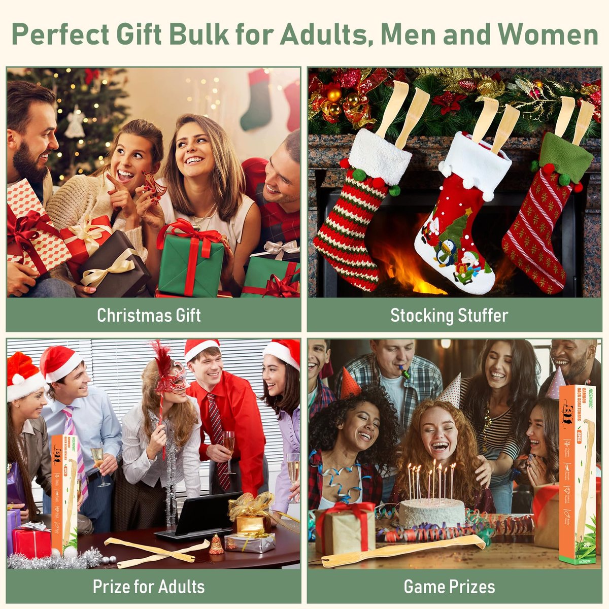 NICEMOVIC 4er-Pack Bambus-Rückenkratzer für Männer, Frauen, Erwachsene, Senioren – 16,5 Zoll langer Holz-Rückenkratzer, ideales Vatertagsgeschenk, Weihnachtsgeschenk