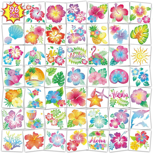 96PCS Glitter Hibiscus Temporäre Tattoos für Frauen – Sommer Hawaiianische Blumentattoos, Aloha Party Luau Strandgeschenke, Tropische Dekorationen
