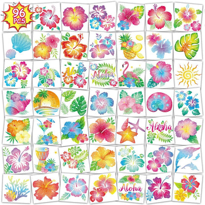 96PCS Glitter Hibiscus Temporäre Tattoos für Frauen – Sommer Hawaiianische Blumentattoos, Aloha Party Luau Strandgeschenke, Tropische Dekorationen