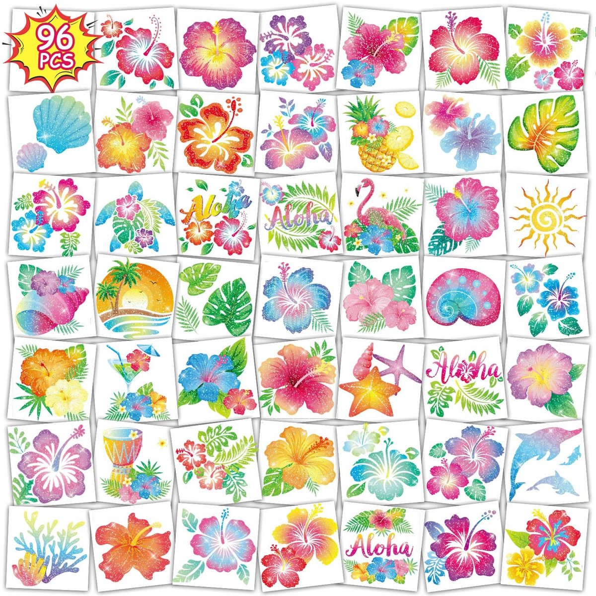96PCS Glitter Hibiscus Temporäre Tattoos für Frauen – Sommer Hawaiianische Blumentattoos, Aloha Party Luau Strandgeschenke, Tropische Dekorationen