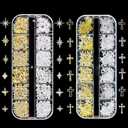 KACHIMOO 2er-Pack 3D Kreuz Nagelverzierungen – Gold & Silber, Stern, Punk, Vintage, Metalllegierung, für Gel-Nagellack-Zubehör