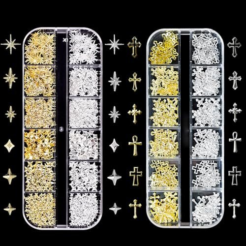 KACHIMOO 2er-Pack 3D Kreuz Nagelverzierungen – Gold & Silber, Stern, Punk, Vintage, Metalllegierung, für Gel-Nagellack-Zubehör