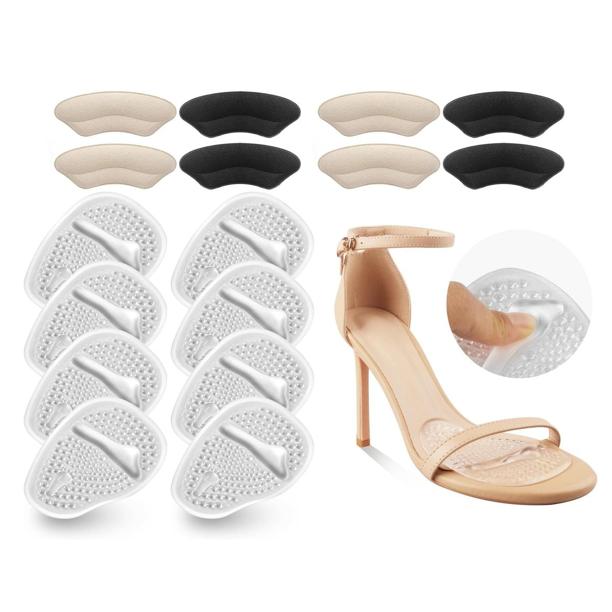 Riootlnm Metatarsal Pads, Ball of Foot Cushions, Heel Pads Inserts für zu große Schuhe – Reduzieren Fußschmerzen, No Slip Heel Grips Liners Pads für lose Schuhe, Blasen (8 Paar, klar)