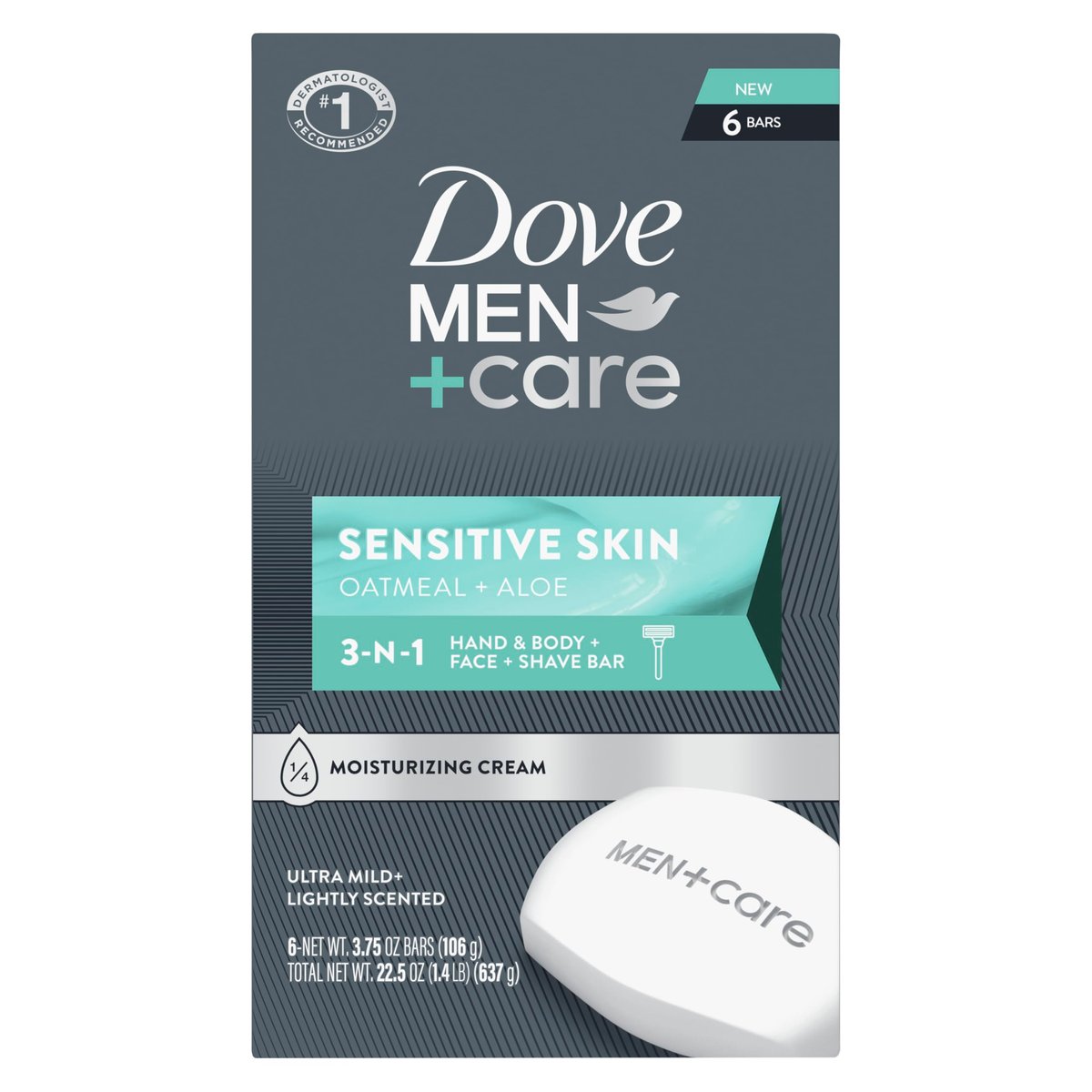 DOVE MEN + CARE Hand & Body Face + Shave Bar Sensitive Skin 6er-Pack 3,75 oz – Sanfte Reinigung & Rasur