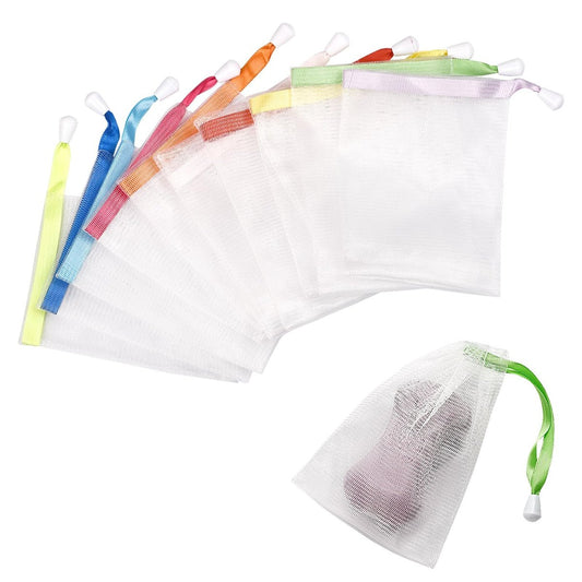 10 Stück Mesh Seifenbeutel, Peeling Seifensparer Beutel, Schaumnetz Seifensparer, weicher Seifenbeutel für die Dusche mit Kordelzug