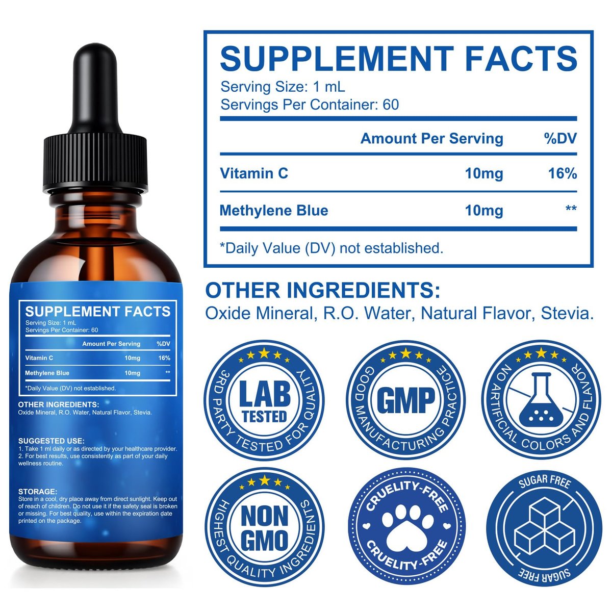 Methylenblau Pharmazeutische Qualität – Methylenblau Tropfen für Gehirngesundheit und Energieunterstützung, kein Formaldehyd, kein Alkohol, kein Gluten – 60 ml