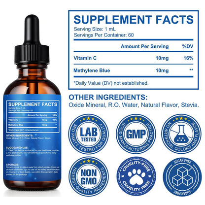 Methylenblau Pharmazeutische Qualität – Methylenblau Tropfen für Gehirngesundheit und Energieunterstützung, kein Formaldehyd, kein Alkohol, kein Gluten – 60 ml