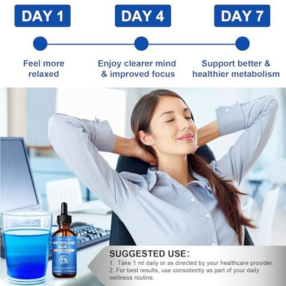 Methylenblau Pharmazeutische Qualität – Methylenblau Tropfen für Gehirngesundheit und Energieunterstützung, kein Formaldehyd, kein Alkohol, kein Gluten – 60 ml