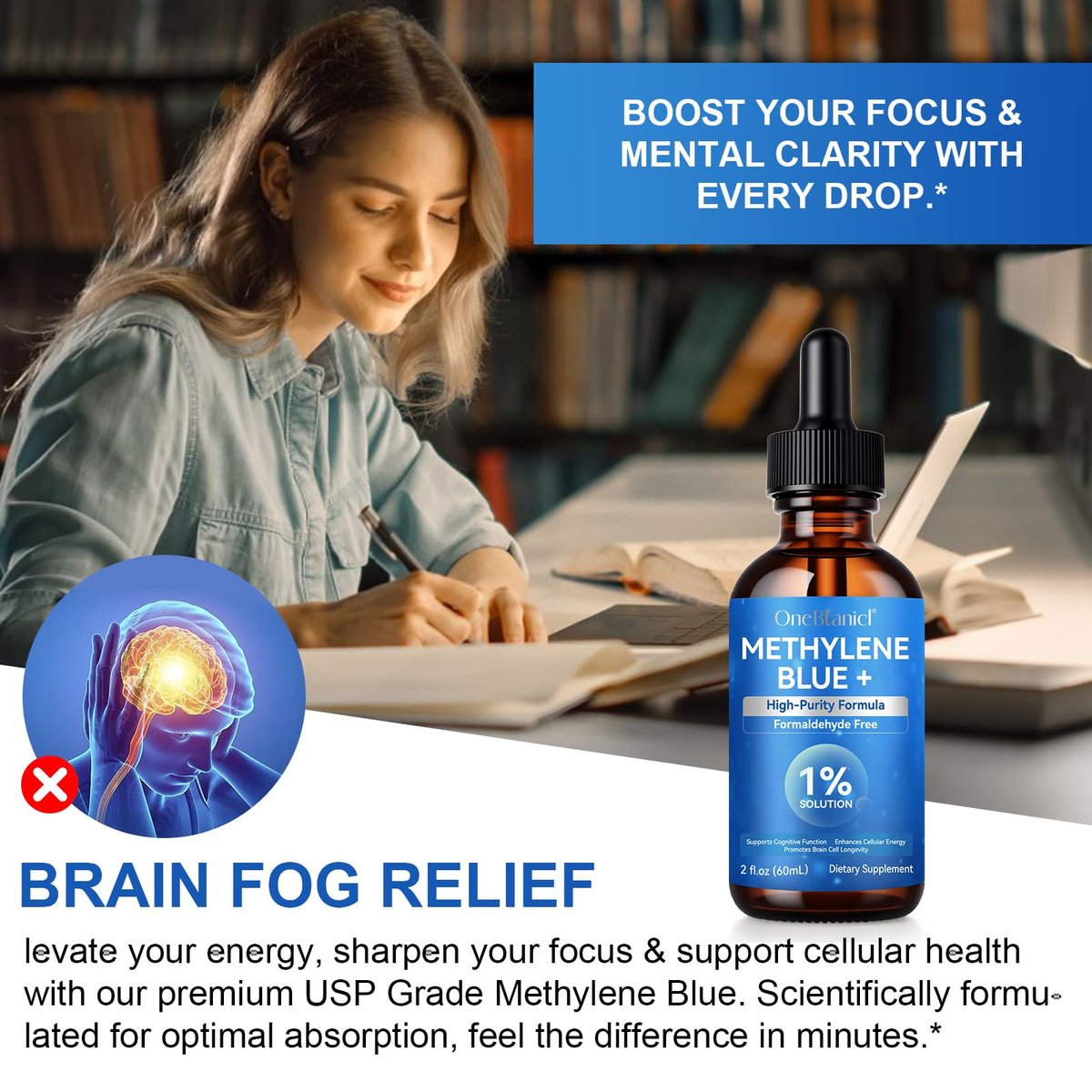 Methylenblau Pharmazeutische Qualität – Methylenblau Tropfen für Gehirngesundheit und Energieunterstützung, kein Formaldehyd, kein Alkohol, kein Gluten – 60 ml