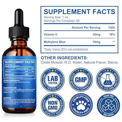 Methylenblau Pharmazeutische Qualität – Methylenblau Tropfen für Gehirngesundheit und Energieunterstützung, kein Formaldehyd, kein Alkohol, kein Gluten – 60 ml
