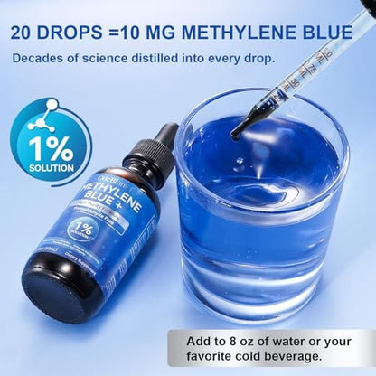 Methylenblau Pharmazeutische Qualität – Methylenblau Tropfen für Gehirngesundheit und Energieunterstützung, kein Formaldehyd, kein Alkohol, kein Gluten – 60 ml