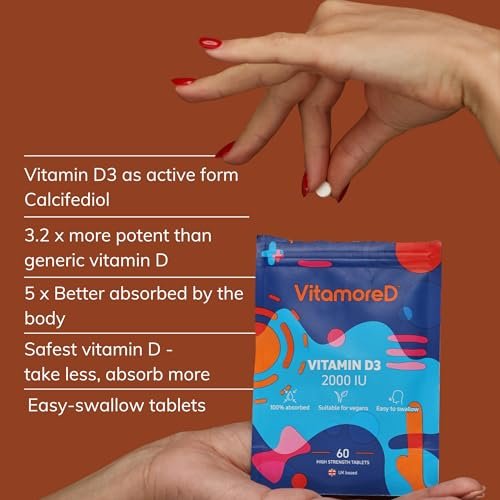 VitamoreD Vitamin D Calcifediol 10 mcg | Leicht zu schluckende Tabletten | Zwei täglich | 30-Tage-Vorrat | 60 Tabletten