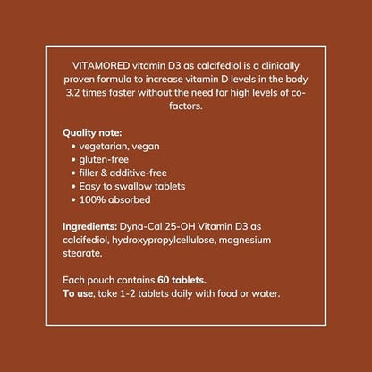 VitamoreD Vitamin D Calcifediol 10 mcg | Leicht zu schluckende Tabletten | Zwei täglich | 30-Tage-Vorrat | 60 Tabletten