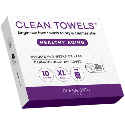 Clean Skin Club Healthy Aging Clean Towels® XL, Reisegröße, glättet feine Linien, Fältchen & Textur, Einweg-Gesichtstücher, Anti-Aging-Trockentücher, TSA-zugelassenes Reise-Essential, 10 Stück