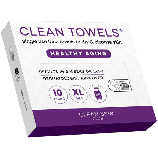 Clean Skin Club Healthy Aging Clean Towels® XL, Reisegröße, glättet feine Linien, Fältchen & Textur, Einweg-Gesichtstücher, Anti-Aging-Trockentücher, TSA-zugelassenes Reise-Essential, 10 Stück