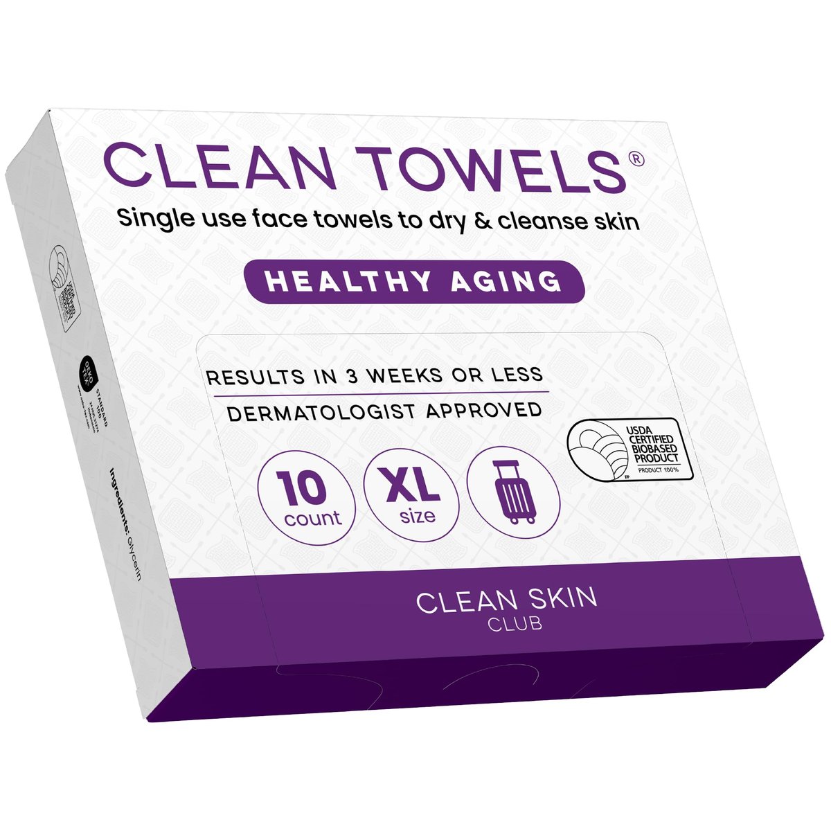 Clean Skin Club Healthy Aging Clean Towels® XL, Reisegröße, glättet feine Linien, Fältchen & Textur, Einweg-Gesichtstücher, Anti-Aging-Trockentücher, TSA-zugelassenes Reise-Essential, 10 Stück