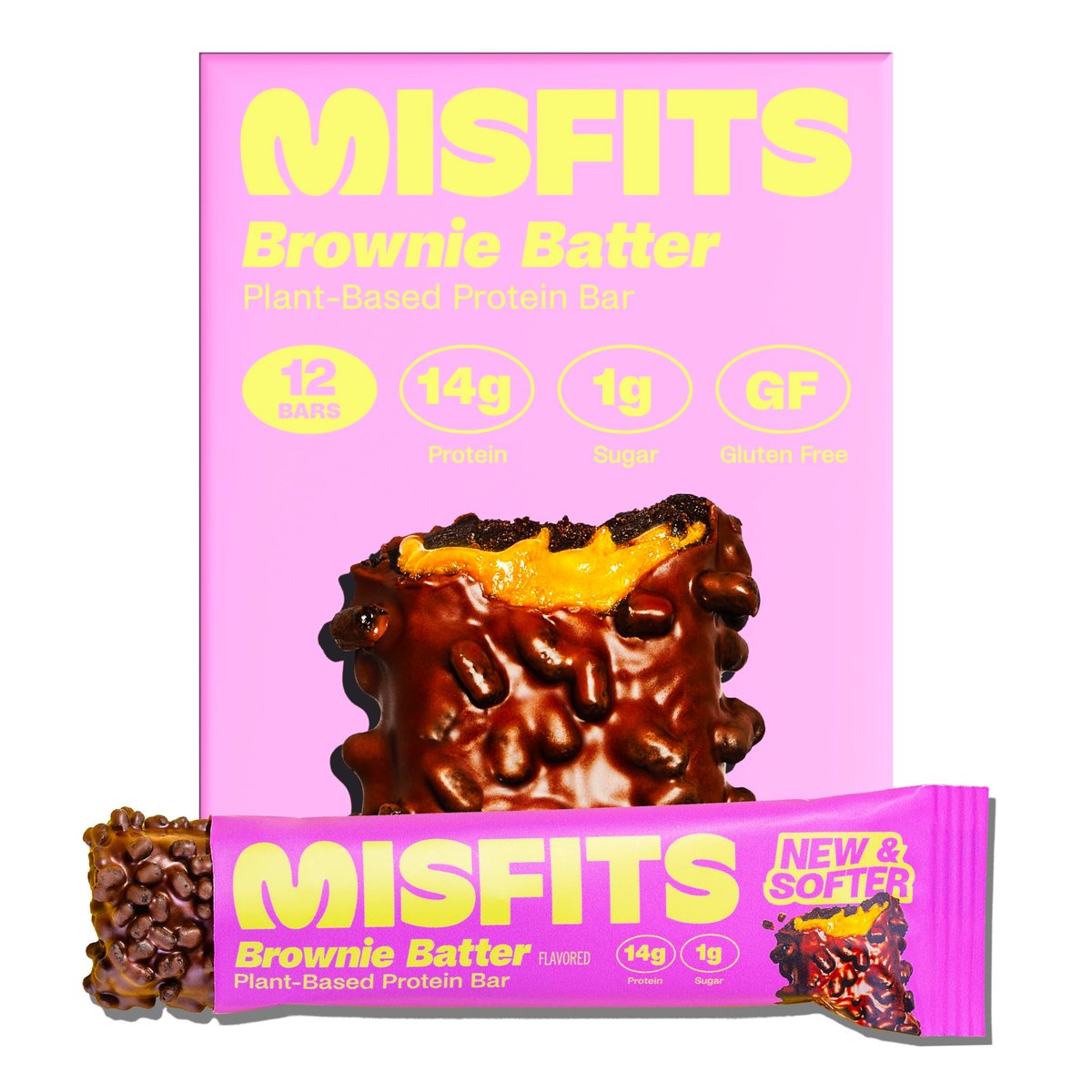 Misfits Vegan Protein Riegel - Schokoladiger Brownie-Teig | 14g Protein, 1g Zucker, pflanzlich, Low Carb, Non-GMO, glutenfrei | 12er Pack