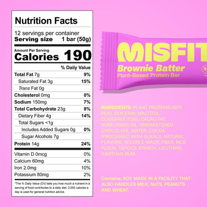 Misfits Vegan Protein Riegel - Schokoladiger Brownie-Teig | 14g Protein, 1g Zucker, pflanzlich, Low Carb, Non-GMO, glutenfrei | 12er Pack
