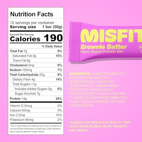 Misfits Vegan Protein Riegel - Schokoladiger Brownie-Teig | 14g Protein, 1g Zucker, pflanzlich, Low Carb, Non-GMO, glutenfrei | 12er Pack