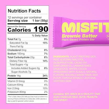 Misfits Vegan Protein Riegel - Schokoladiger Brownie-Teig | 14g Protein, 1g Zucker, pflanzlich, Low Carb, Non-GMO, glutenfrei | 12er Pack