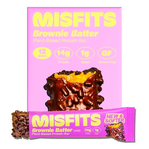 Misfits Vegan Protein Riegel - Schokoladiger Brownie-Teig | 14g Protein, 1g Zucker, pflanzlich, Low Carb, Non-GMO, glutenfrei | 12er Pack