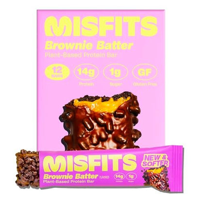 Misfits Vegan Protein Riegel - Schokoladiger Brownie-Teig | 14g Protein, 1g Zucker, pflanzlich, Low Carb, Non-GMO, glutenfrei | 12er Pack