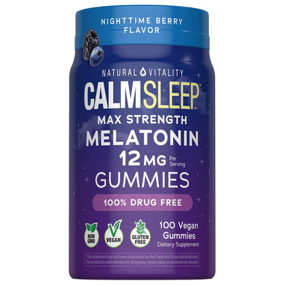 Natural Vitality Calm Sleep Melatonin 12mg Gummis | Max-Stärke Beerengeschmack | 100% Arzneimittelfrei | Nicht-GMO, Vegan & Glutenfrei | 100 Stück