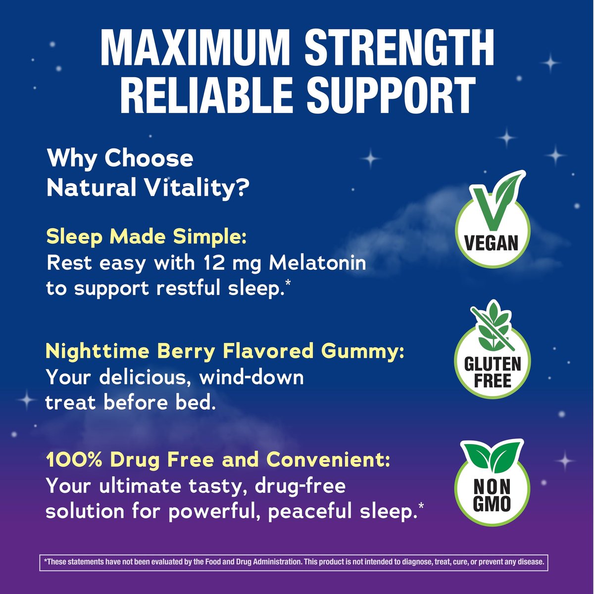 Natural Vitality Calm Sleep Melatonin 12mg Gummis | Max-Stärke Beerengeschmack | 100% Arzneimittelfrei | Nicht-GMO, Vegan & Glutenfrei | 100 Stück