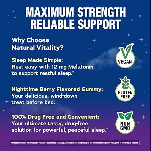 Natural Vitality Calm Sleep Melatonin 12mg Gummis | Max-Stärke Beerengeschmack | 100% Arzneimittelfrei | Nicht-GMO, Vegan & Glutenfrei | 100 Stück