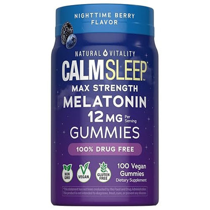Natural Vitality Calm Sleep Melatonin 12mg Gummis | Max-Stärke Beerengeschmack | 100% Arzneimittelfrei | Nicht-GMO, Vegan & Glutenfrei | 100 Stück