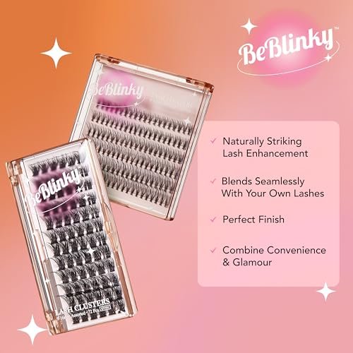 BeBlinky False Eyelashes, Wimpernverlängerungsset 08, 9mm-16mm, schmaler Band, einfach aufzutragen und zu entfernen, kein Schaden an natürlichen Wimpern, 120 Wimperncluster - voluminös