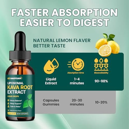Liposomale Kava Kava Tropfen für Ruhe & Entspannung – Kava-Wurzel-Extrakt mit GABA, Ashwagandha & Magnesium – Unterstützt Stimmung & besseren Schlaf, schnell absorbierende vegane Kava-Liquid-Tropfen Zitrone 60 ml