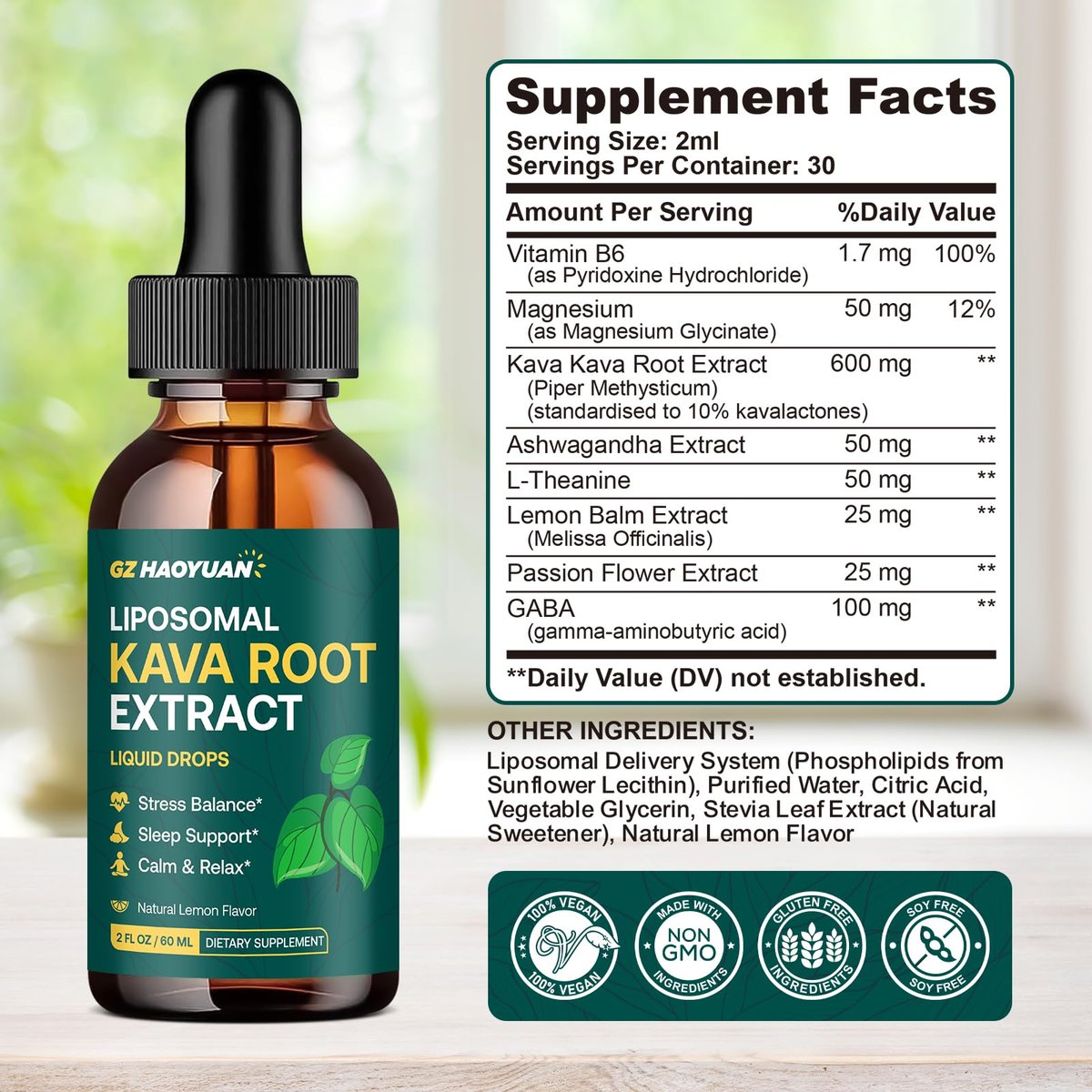 Liposomale Kava Kava Tropfen für Ruhe & Entspannung – Kava-Wurzel-Extrakt mit GABA, Ashwagandha & Magnesium – Unterstützt Stimmung & besseren Schlaf, schnell absorbierende vegane Kava-Liquid-Tropfen Zitrone 60 ml