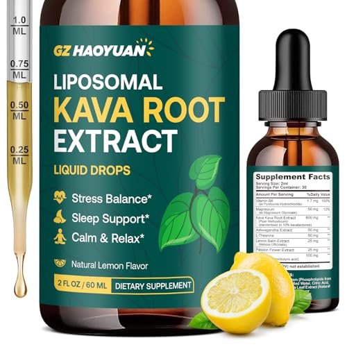 Liposomale Kava Kava Tropfen für Ruhe & Entspannung – Kava-Wurzel-Extrakt mit GABA, Ashwagandha & Magnesium – Unterstützt Stimmung & besseren Schlaf, schnell absorbierende vegane Kava-Liquid-Tropfen Zitrone 60 ml