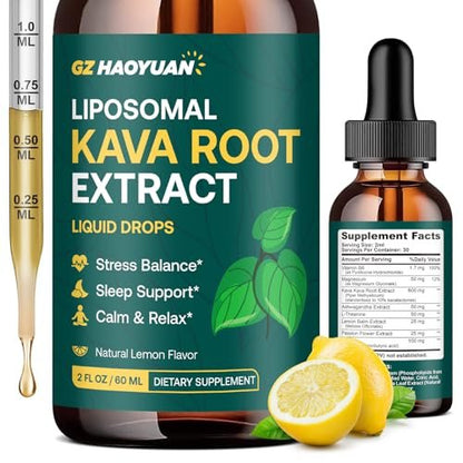 Liposomale Kava Kava Tropfen für Ruhe & Entspannung – Kava-Wurzel-Extrakt mit GABA, Ashwagandha & Magnesium – Unterstützt Stimmung & besseren Schlaf, schnell absorbierende vegane Kava-Liquid-Tropfen Zitrone 60 ml